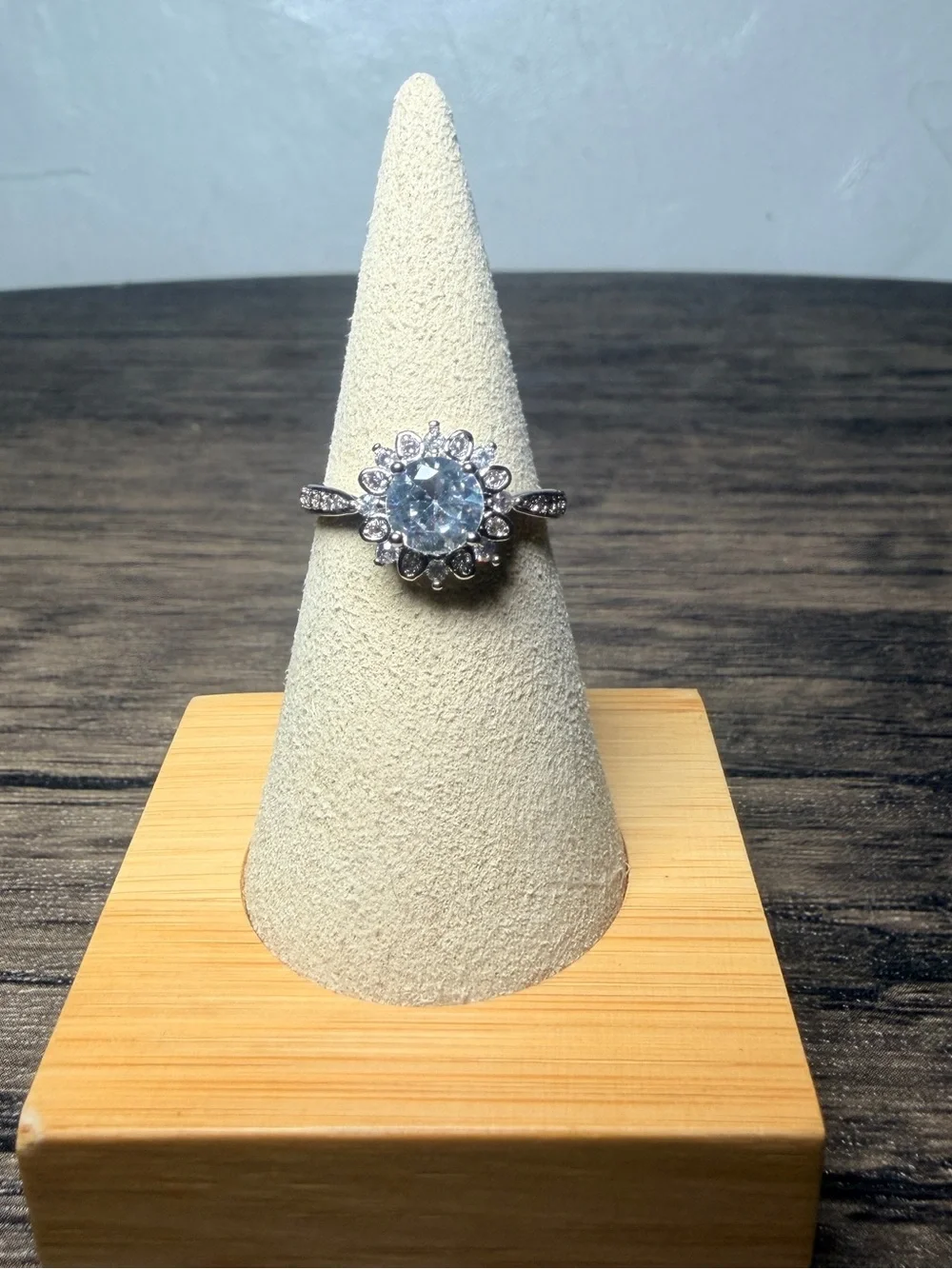 Silver White Halo Flower Ring Adjustable
